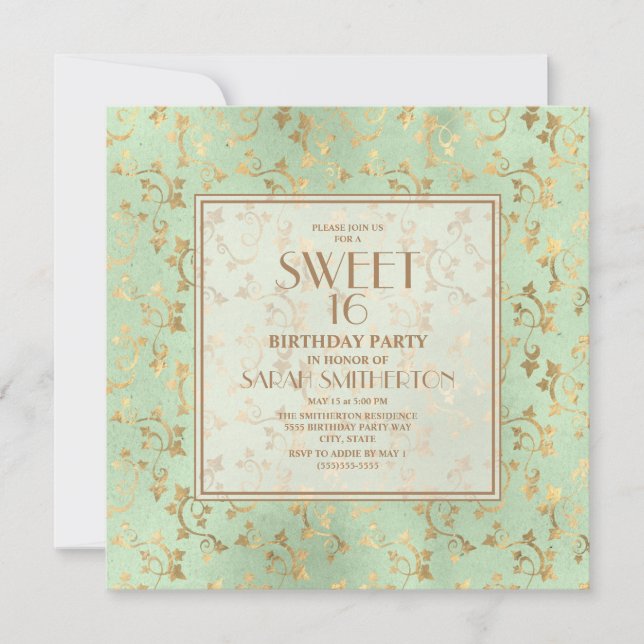 Elegant mintgrön guld Sweet 16 Inbjudningar (Framsida)