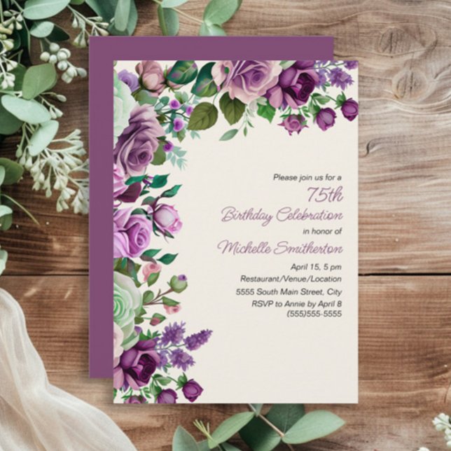 Elegant mintgrön lila blommig 75-årsdag inbjudningar (Purple and mint green watercolor floral women's 75th birthday party invitation)