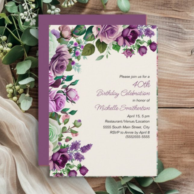 Elegant mintgrön lila blomster 40-årsdag inbjudningar (Purple floral and mint green leaves 40th birthday party invitation)
