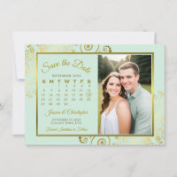 Elegant mintgrön och guld kalender foto bröllop
