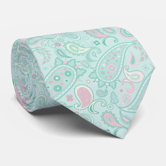Elegant mintgrön och rosa blommig paisley slips (Rullad)
