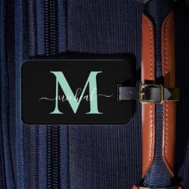 Elegant Mintgrön & Svart Monogram Skriptnamn Bagagebricka