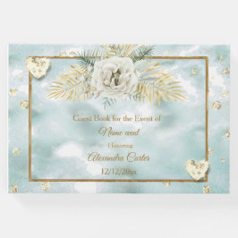 Elegant mintgrön turkos blå guld marmor Rosblomma Gästböcker