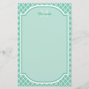 Elegant MintgröntQuatrefoil Monogram med namn Brevpapper