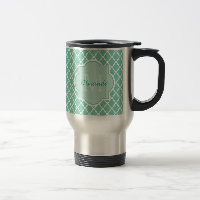 Elegant MintgröntQuatrefoil Monogram med namn Resemugg (Höger)