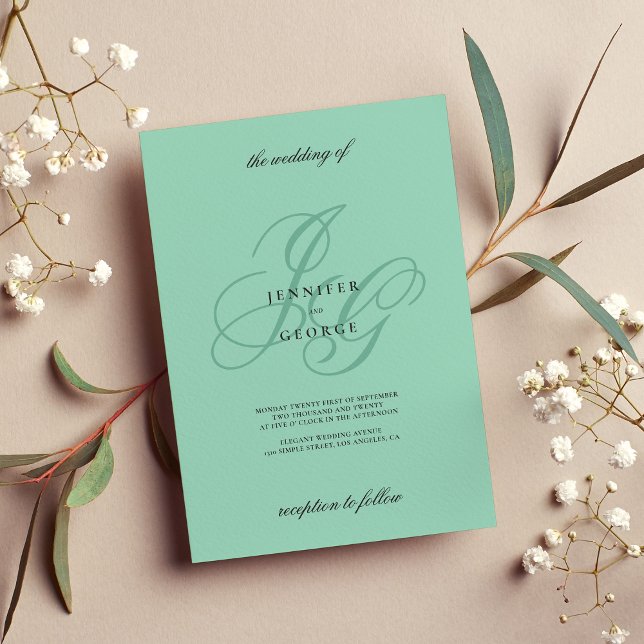 Elegant mintmonogram initialer romantisk bröllop inbjudningar (Elegant mint monogram initials romantic wedding)