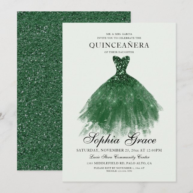 Elegant Mis Quince Grönt Glitter Quinceañera Inbjudningar (Fram/baksida)