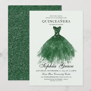 Elegant Mis Quince Grönt Glitter Quinceañera Inbjudningar