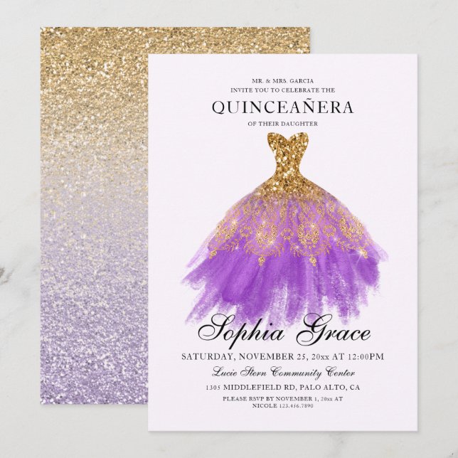 Elegant Mis Quince Lila Guld Glitter Quinceañera Inbjudningar (Fram/baksida)
