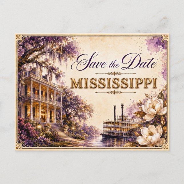 Elegant Mississippi Spara datum Bröllopsinbjudan Vykort (Framsida)