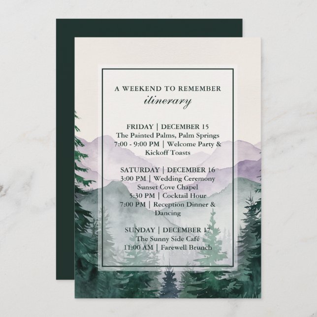 Elegant Misty Mountain Forest Itinerary Card Inbjudningar (Fram/baksida)