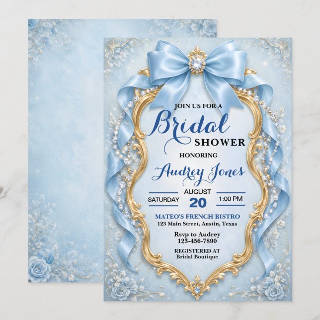 Elegant mjuk blå juvelbesatt bröllopsfest inbjudningar (Fram/baksida)