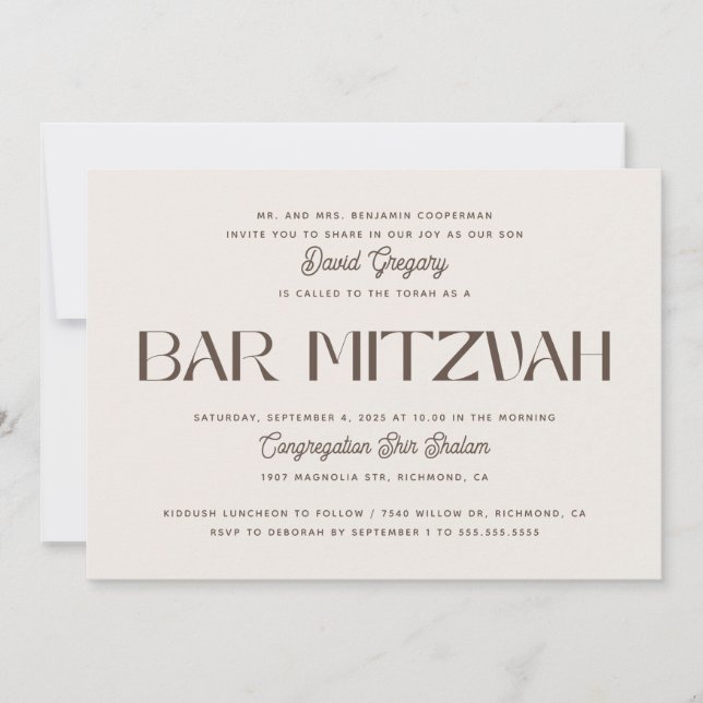 Elegant Mjuk Elfenbensfärgad Bar Mitzvah | Minimal Inbjudningar (Framsida)