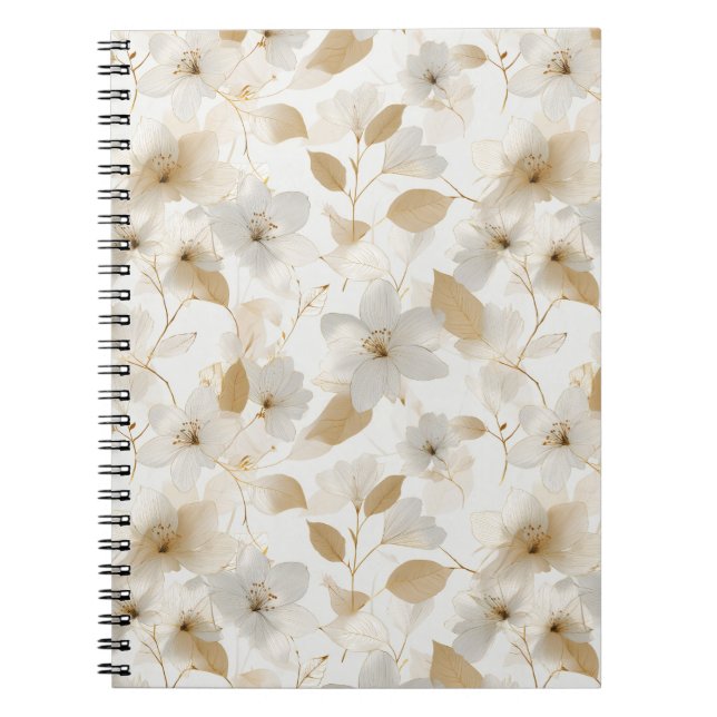 Elegant Mjuk Guld Blomma Vit Blommig Mönster Anteckningsbok (Framsidan)