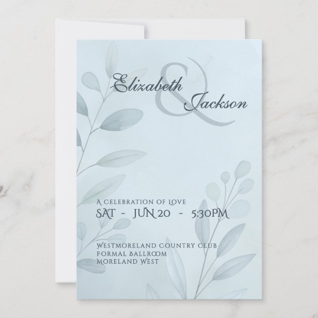 Elegant Mjuk Kall Blå Botanisk Script Bröllop  Inbjudningar (Framsida)