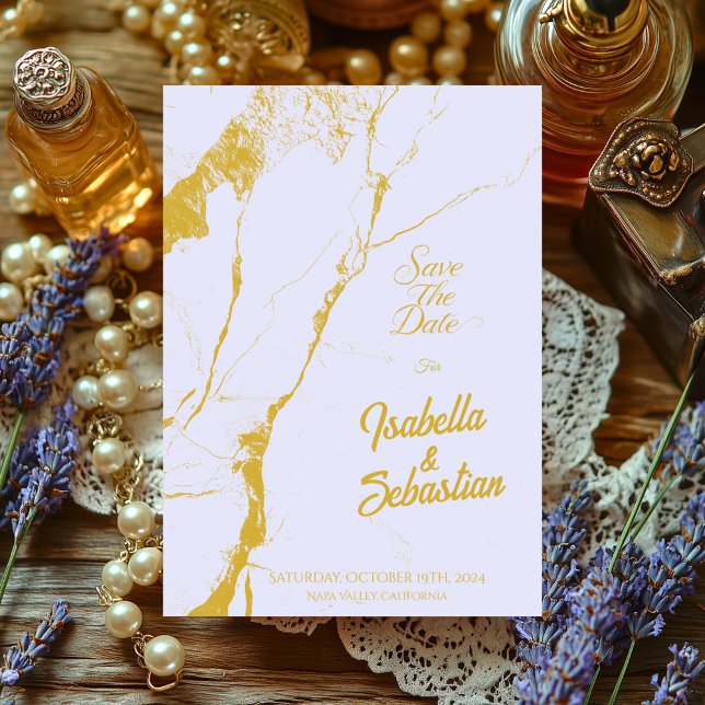 Elegant Mjuk Lavendel & Guld Marmor Sparar Datum Inbjudningar (Skapare uppladdad)