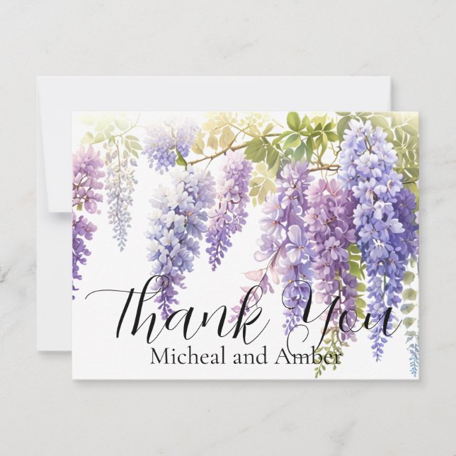 Elegant mjuk lila blå vattenfärgswisteria tack kort (Framsida)