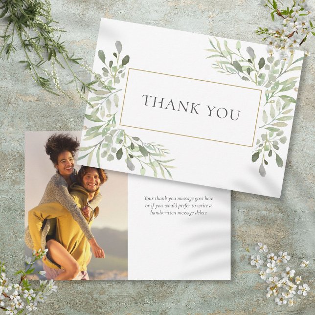 Elegant Mjuk Löv Grönska Foto Tack Kort (Elegant Soft Leaves Greenery Photo Thank You Card)