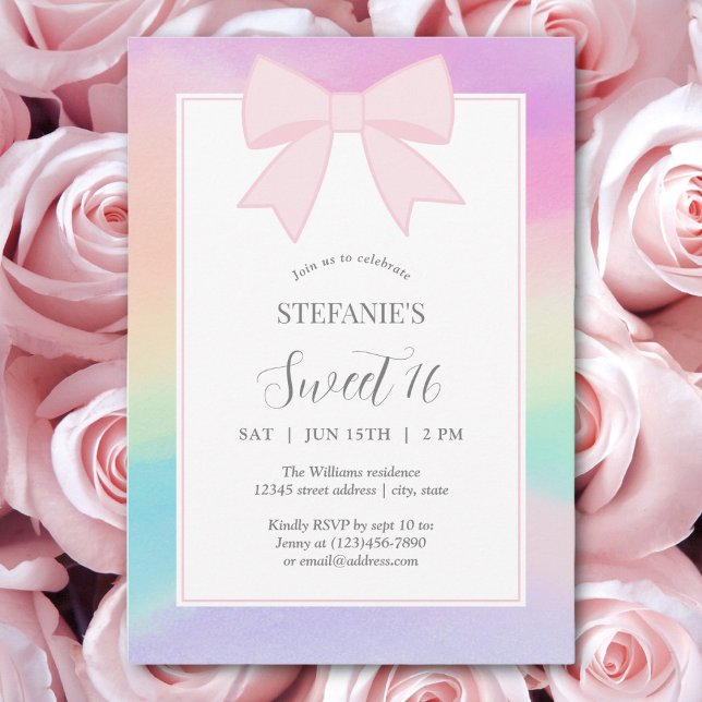 Elegant Mjuk Pastellkrita Rosa Bow Sweet 16 Birthd Inbjudningar (Skapare uppladdad)