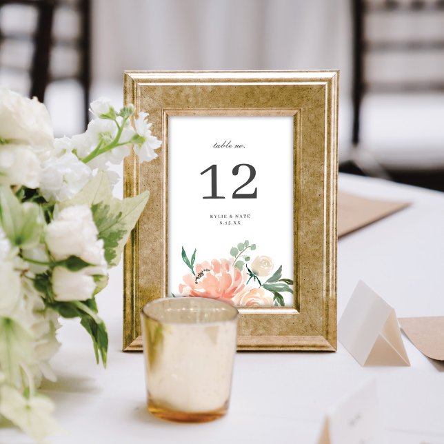 Elegant mjuk persika akvarell blomsterbröllop bordsnummer (Skapare uppladdad)
