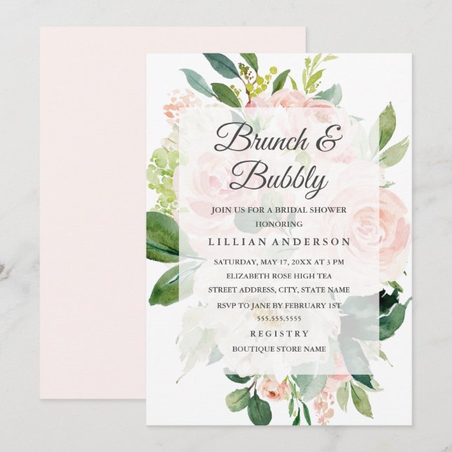 Elegant Mjuk persika Bloom Brunch och Bubly Inbjudningar (Fram/baksida)