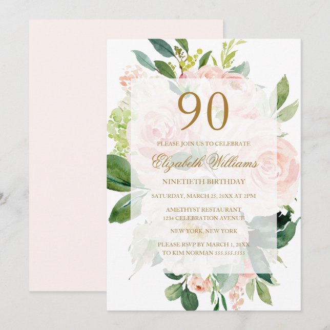 Elegant Mjuk Persikoblomning 90-årsdag Inbjudningar (Fram/baksida)