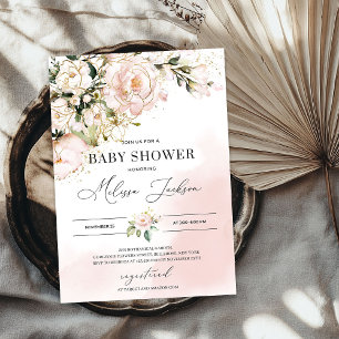 Elegant Mjuk rosa blommigt guld boho babydusch Inbjudningar