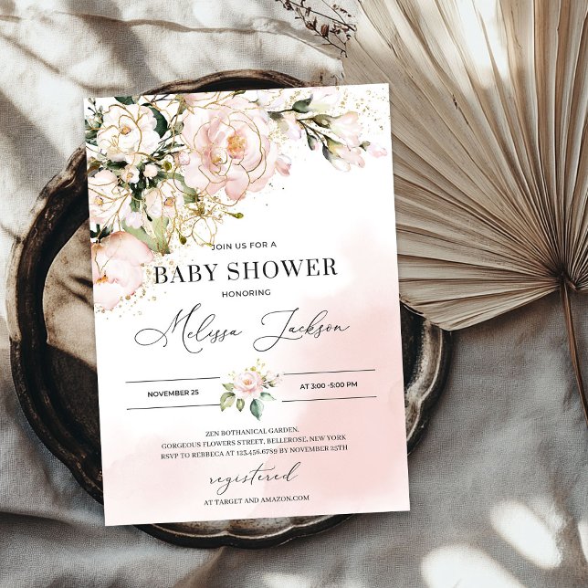 Elegant Mjuk rosa blommigt guld boho babydusch Inbjudningar (Elegant Soft pink floral gold boho baby shower Invitation)