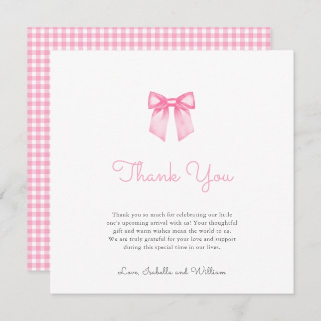 Elegant Mjuk Rosa Bow Baby Shower Tack Kort (Fram/baksida)