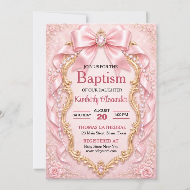 Elegant mjuk rosa dop med juveler inbjudningar (Framsida)