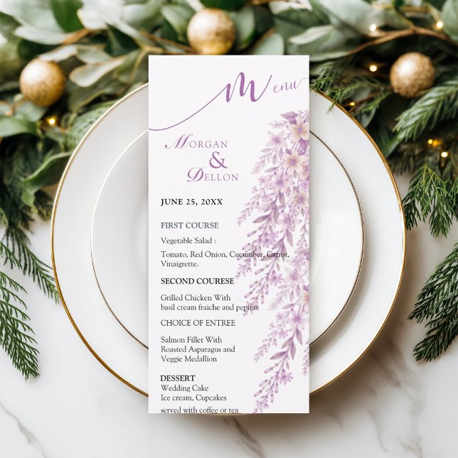 Elegant Mjuk Rosa Lavendel Blommig Bröllop  Meny (Skapare uppladdad)