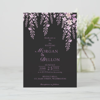 Elegant Mjuk Rosa Lavendel Blommig Svart Bröllop Inbjudningar