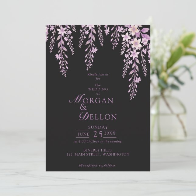 Elegant Mjuk Rosa Lavendel Blommig Svart Bröllop  Inbjudningar (Stående Fram)
