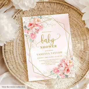 Elegant, mjuk rosa och guld, babydusch i party inbjudningar