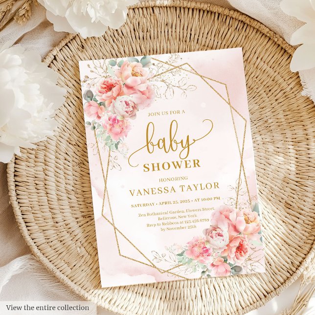 Elegant, mjuk rosa och guld, babydusch i party inbjudningar (Elegant soft pink and gold girl baby shower party Invitation)