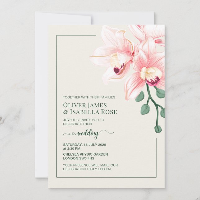 Elegant mjuk rosa orkidé bröllopsinbjudan inbjudningar (Framsida)