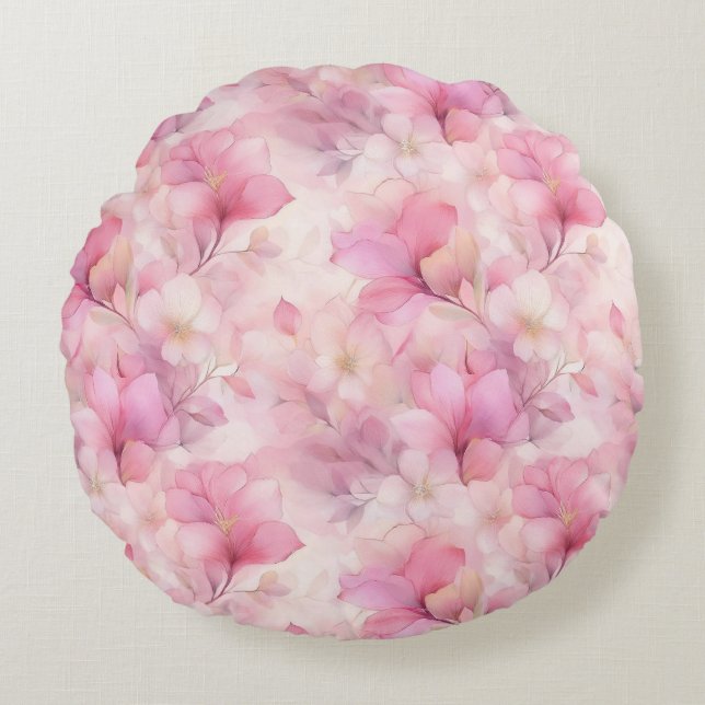 Elegant Mjuk Rosa Pastellblommor Rund Kudde (Framsidan)