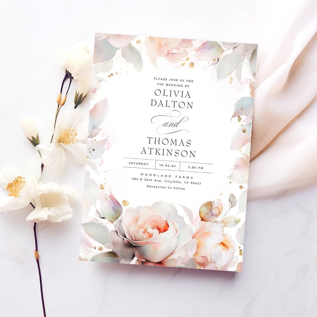 Elegant Mjuk Rosa Peach Blommigt Boho Bröllop Inbjudningar (Botanical Roses Romantic Wedding Invitations)