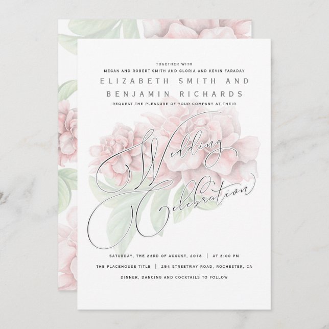 Elegant mjuk rosa peony blomster typografi bröllop inbjudningar (Fram/baksida)
