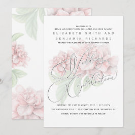 Elegant mjuk rosa peony blomster typografi bröllop inbjudningar