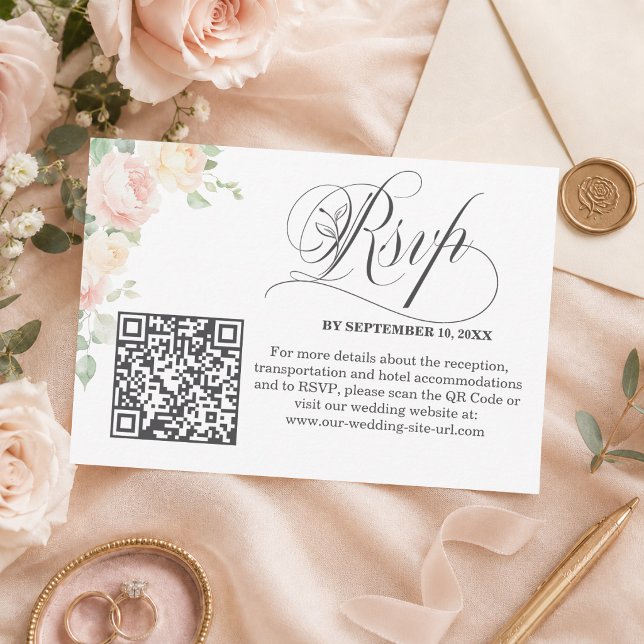 Elegant mjuka rosablommor QR-kod bröllops-RSVP OSA Kort (Skapare uppladdad)