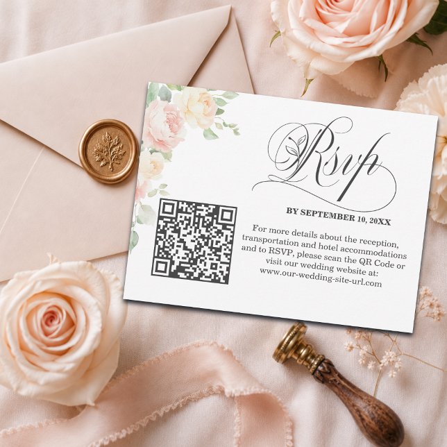Elegant mjuka rosablommor QR-kod bröllopsbekräftel Vykort (Skapare uppladdad)