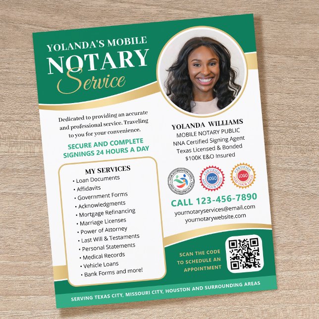 Elegant Mobil Notarius Publicus QR-kod Grön Flygblad (Skapare uppladdad)