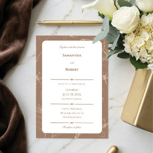 Elegant Mocha Blommig Linje Konst Bröllop Inbjudningar