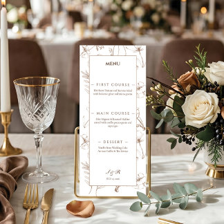Elegant mocha blomster linjekonst bröllop meny