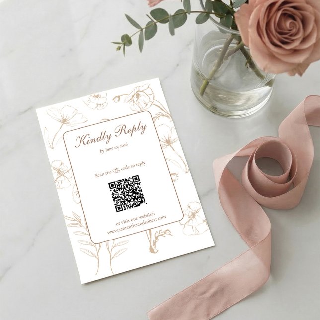 Elegant mocha blomster linjekonst QR-kod bröllop OSA Kort (Elegant Beige Floral Wedding QR Code RSVP Enclosure)
