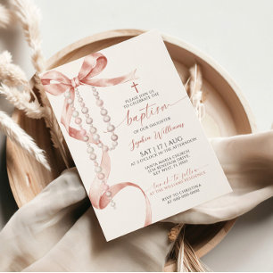 Elegant Mocha Bow & Rosary Baptism Inbjudningar