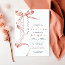 Elegant Mocha Bow & Rosary Christening Inbjudningar