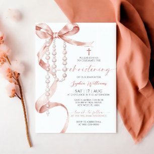 Elegant Mocha Bow & Rosary Christening Inbjudningar