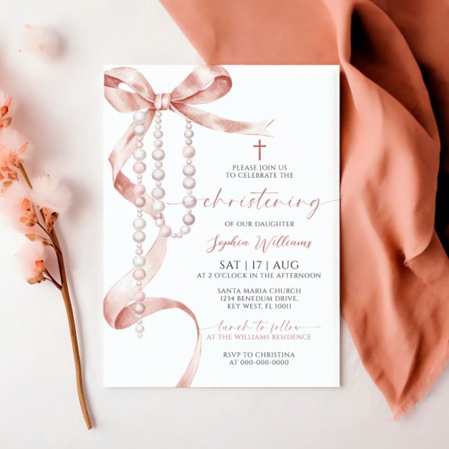 Elegant Mocha Bow & Rosary Christening Inbjudningar (Skapare uppladdad)